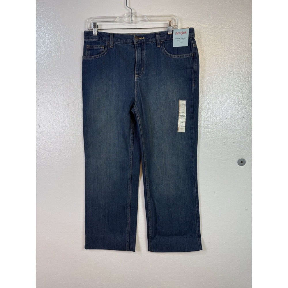 Cat & Jack Boys Jeans 16 Husky Relaxed Straight Blue Denim 32x24 Hemmed Cuff